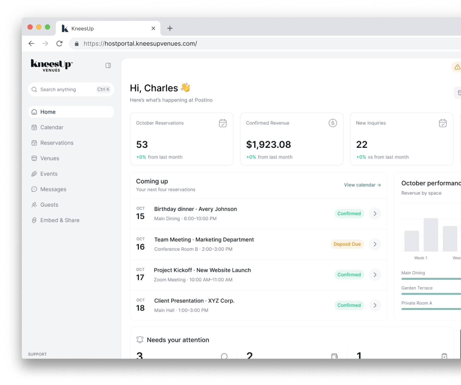 KneesUp host portal dashboard